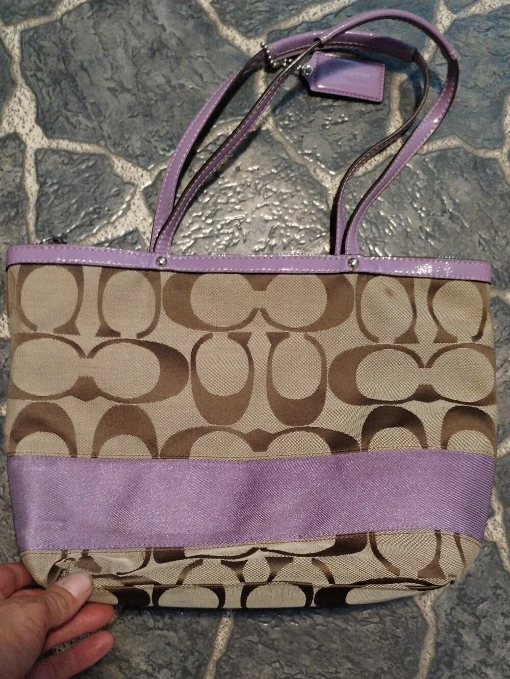 COACH Signature Logo Stripe handbag khaki purple double leather handles VINTAGE